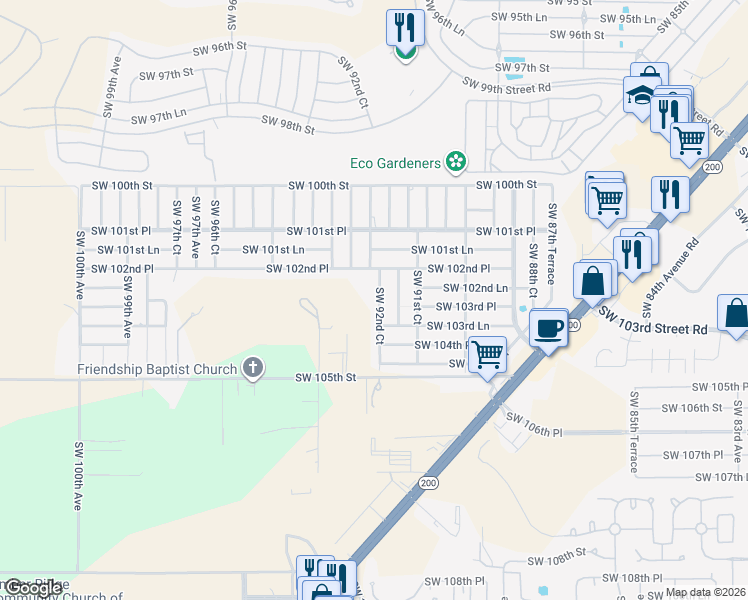 map of restaurants, bars, coffee shops, grocery stores, and more near 10300 Southwest 92nd Court in Ocala