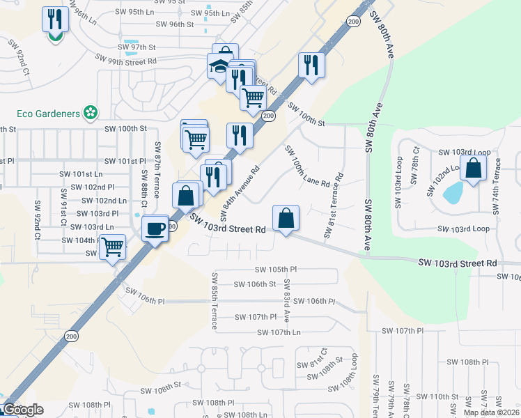 map of restaurants, bars, coffee shops, grocery stores, and more near 8392 Southwest 101st Place Road in Ocala