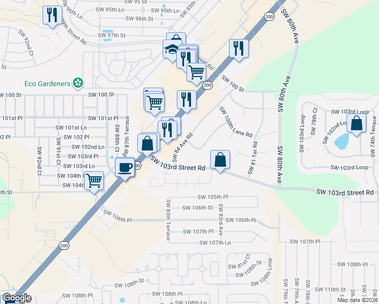 map of restaurants, bars, coffee shops, grocery stores, and more near 8440 Southwest 101st Place Road in Ocala