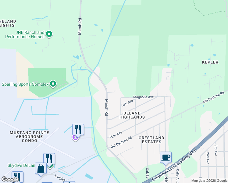 map of restaurants, bars, coffee shops, grocery stores, and more near 2405 Marsh Road in DeLand