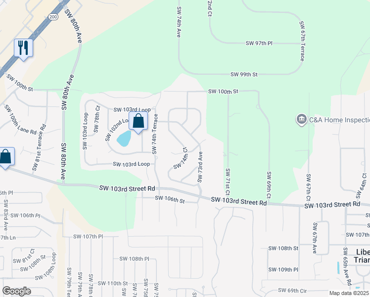 map of restaurants, bars, coffee shops, grocery stores, and more near Southwest 74th Court in Ocala