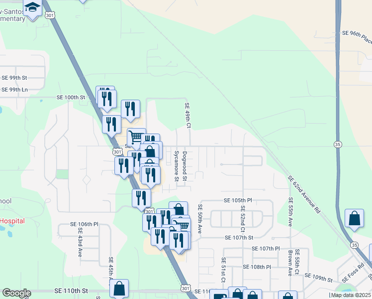 map of restaurants, bars, coffee shops, grocery stores, and more near 4900 Dogwood Street in Belleview