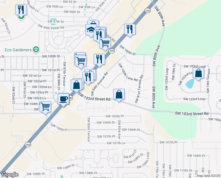 map of restaurants, bars, coffee shops, grocery stores, and more near 8392 Southwest 101st Place Road in Ocala