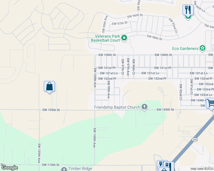map of restaurants, bars, coffee shops, grocery stores, and more near 9900 Southwest 102nd Lane in Ocala