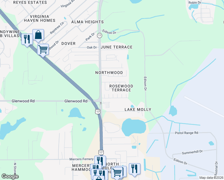 map of restaurants, bars, coffee shops, grocery stores, and more near 2672 Frances Drive in DeLand