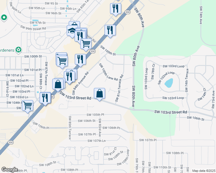 map of restaurants, bars, coffee shops, grocery stores, and more near 10288 Southwest 82nd Terrace in Ocala