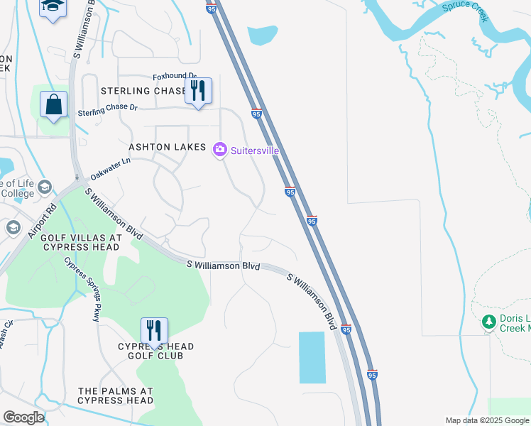 map of restaurants, bars, coffee shops, grocery stores, and more near East Fallsgrove Lane in Port Orange