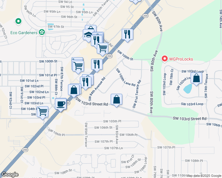 map of restaurants, bars, coffee shops, grocery stores, and more near 8347 Southwest 101st Place Road in Ocala