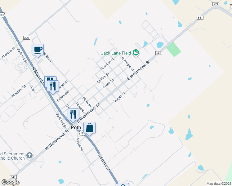 map of restaurants, bars, coffee shops, grocery stores, and more near 800 East Westmeyer Street in Poth