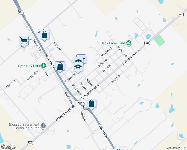 map of restaurants, bars, coffee shops, grocery stores, and more near 214 Tom in Poth