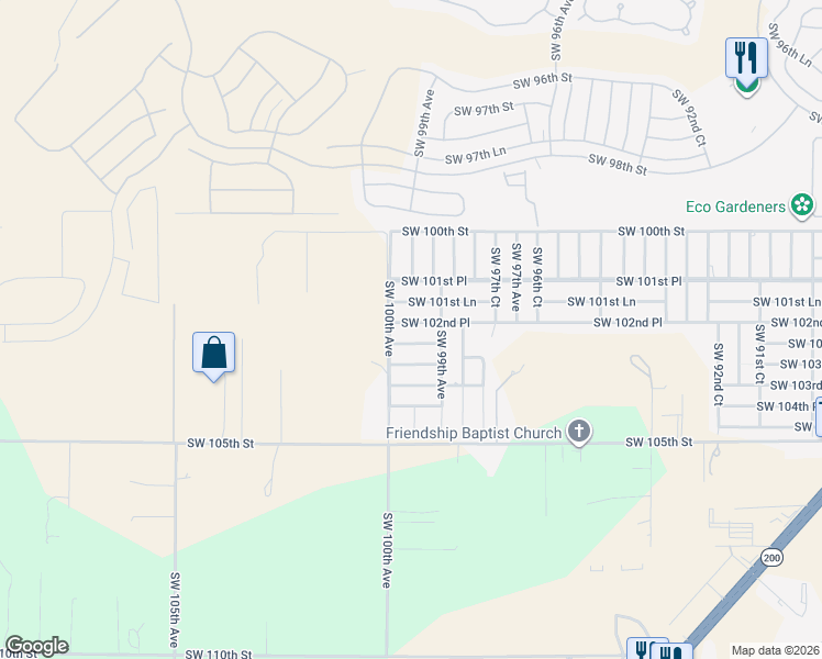 map of restaurants, bars, coffee shops, grocery stores, and more near 9950 Southwest 102nd Place in Ocala