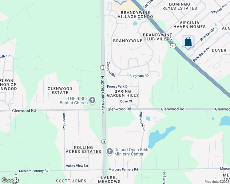 map of restaurants, bars, coffee shops, grocery stores, and more near 805 Overhill Road in DeLand