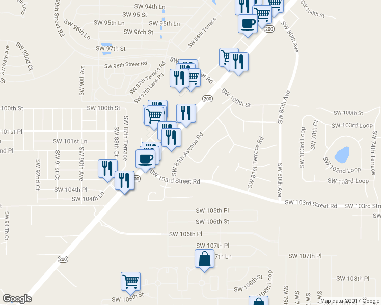 map of restaurants, bars, coffee shops, grocery stores, and more near 10227 Southwest 84th Avenue Road in Ocala