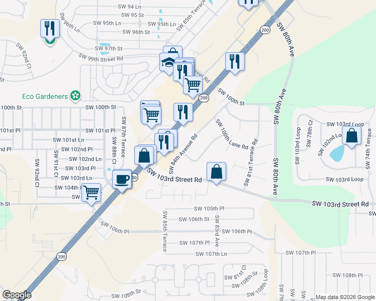 map of restaurants, bars, coffee shops, grocery stores, and more near 10227 Southwest 84th Avenue Road in Ocala