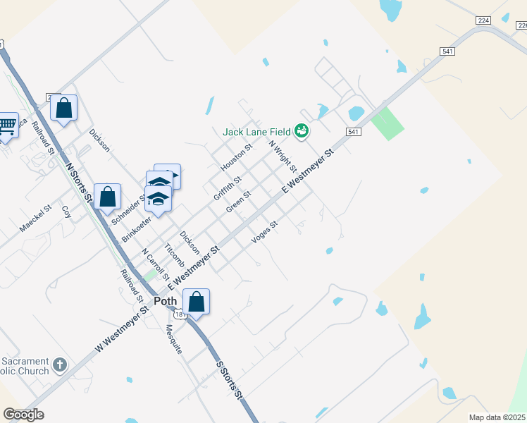 map of restaurants, bars, coffee shops, grocery stores, and more near 800 East Westmeyer Street in Poth