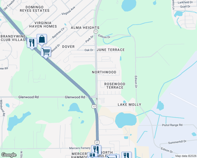 map of restaurants, bars, coffee shops, grocery stores, and more near 307 Dolores Boulevard in DeLand