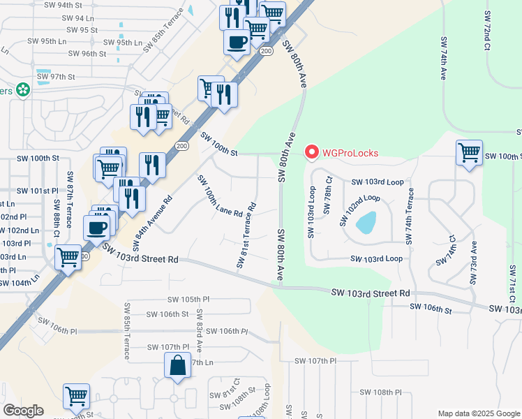 map of restaurants, bars, coffee shops, grocery stores, and more near 8101 Southwest 100th Lane Road in Ocala