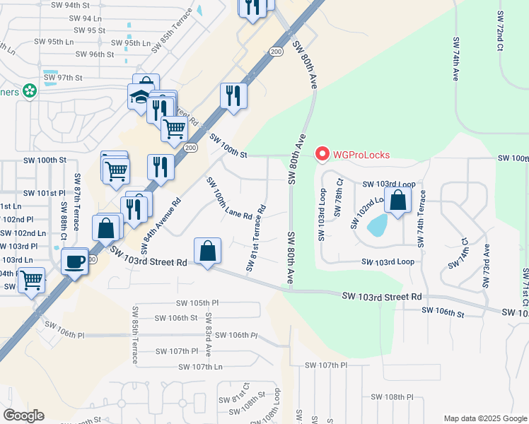map of restaurants, bars, coffee shops, grocery stores, and more near 8101 Southwest 100th Lane Road in Ocala