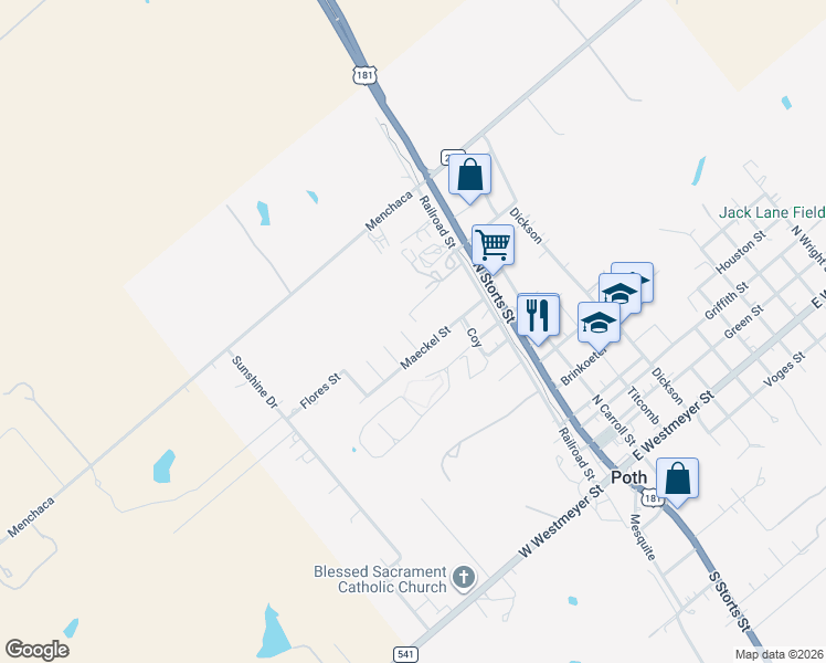 map of restaurants, bars, coffee shops, grocery stores, and more near 113 Park View in Poth