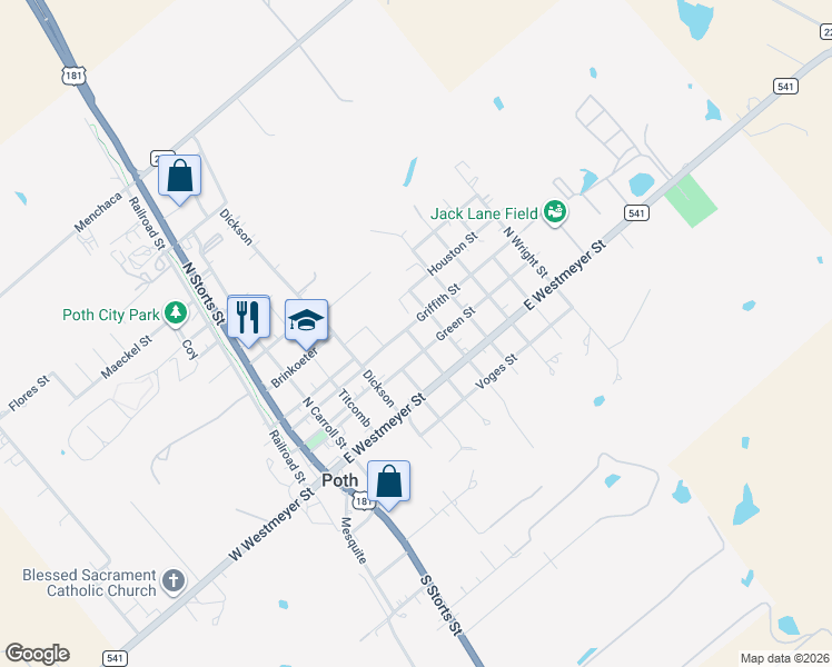 map of restaurants, bars, coffee shops, grocery stores, and more near 214 Tom in Floresville