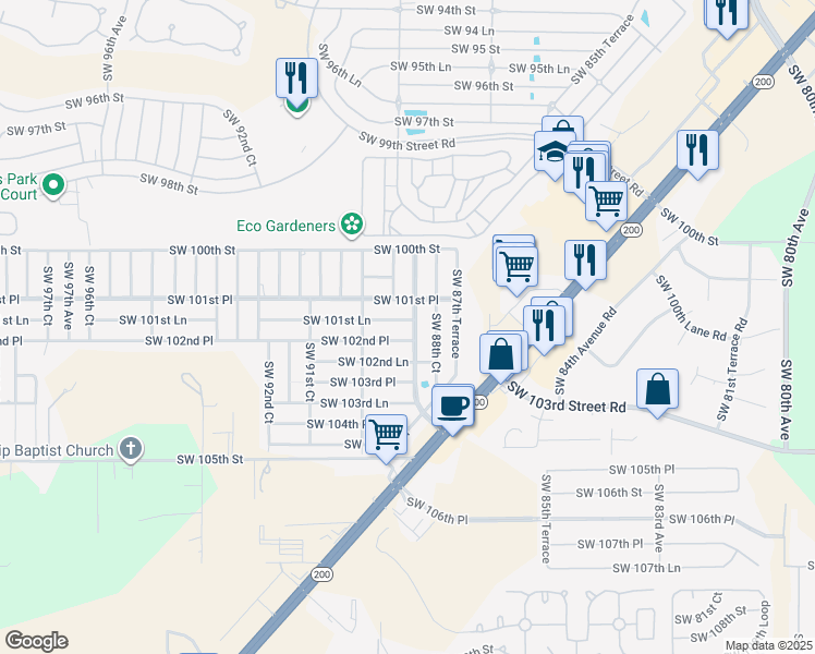 map of restaurants, bars, coffee shops, grocery stores, and more near 8900 Southwest 101st Lane in Ocala