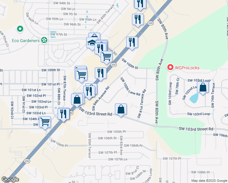 map of restaurants, bars, coffee shops, grocery stores, and more near 8347 Southwest 101st Place Road in Ocala