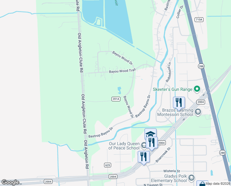map of restaurants, bars, coffee shops, grocery stores, and more near 1231 County Road 201A in Angleton