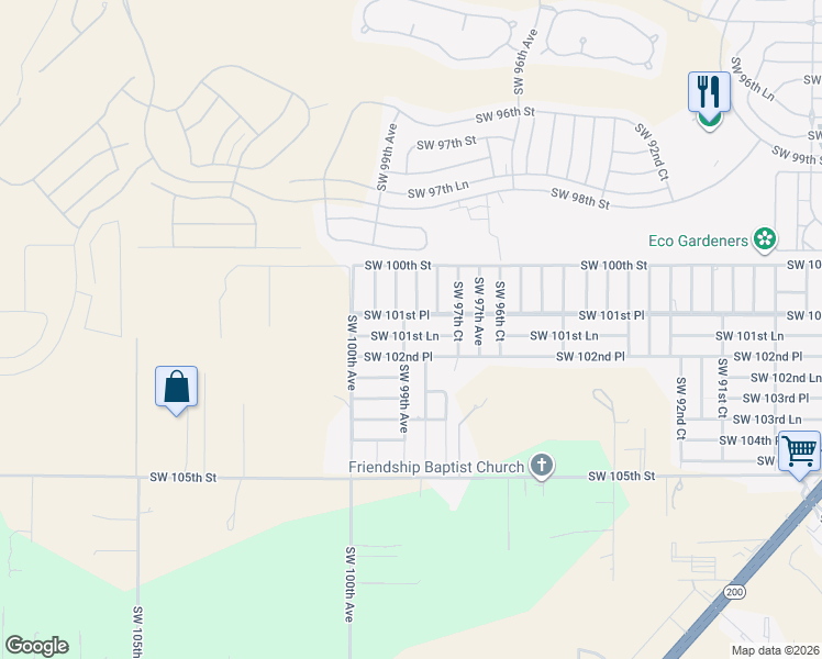 map of restaurants, bars, coffee shops, grocery stores, and more near 9881 Southwest 101st Lane in Ocala