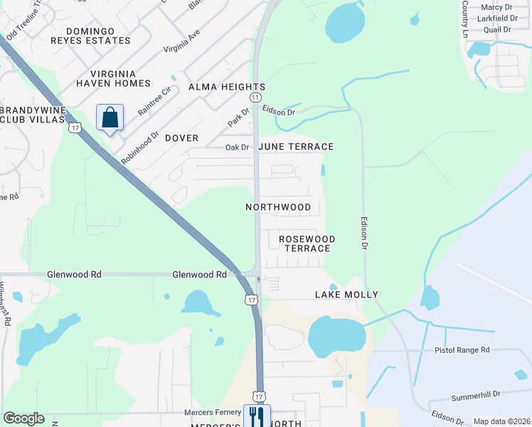 map of restaurants, bars, coffee shops, grocery stores, and more near 307 Dolores Boulevard in DeLand