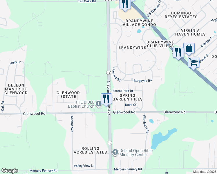 map of restaurants, bars, coffee shops, grocery stores, and more near 975 North Spring Garden Avenue in DeLand