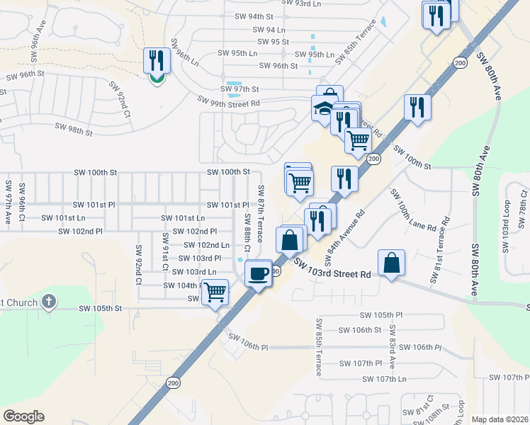 map of restaurants, bars, coffee shops, grocery stores, and more near 10197 Southwest 87th Terrace in Ocala