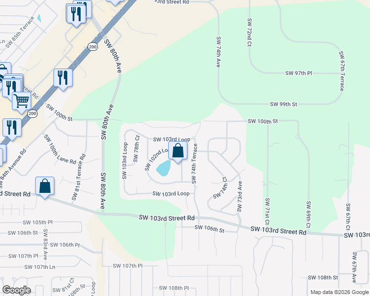 map of restaurants, bars, coffee shops, grocery stores, and more near 7957 Southwest 103rd Loop in Ocala