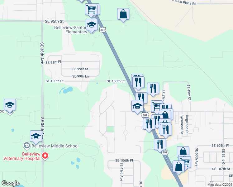 map of restaurants, bars, coffee shops, grocery stores, and more near 10060 Southeast 42nd Court in Belleview