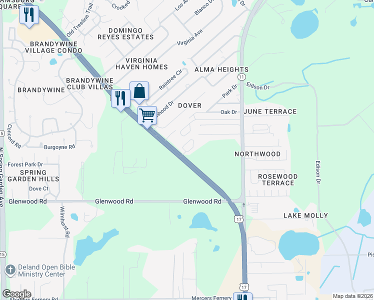 map of restaurants, bars, coffee shops, grocery stores, and more near 2395 North Woodland Boulevard in DeLand