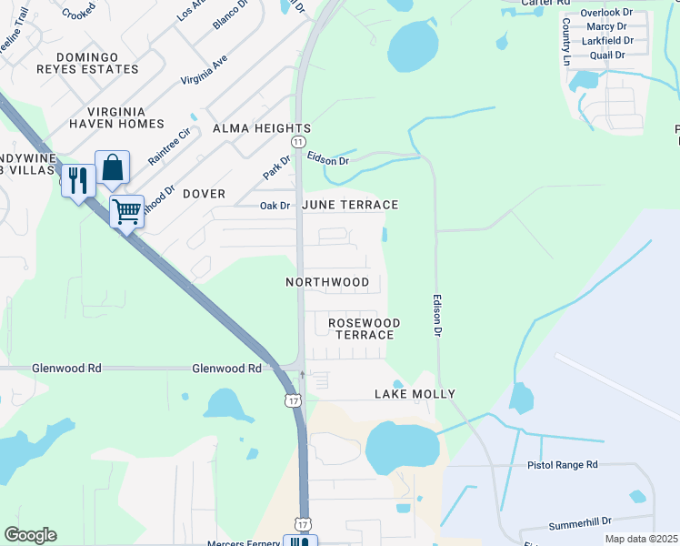 map of restaurants, bars, coffee shops, grocery stores, and more near 215 Ponderosa Drive in DeLand