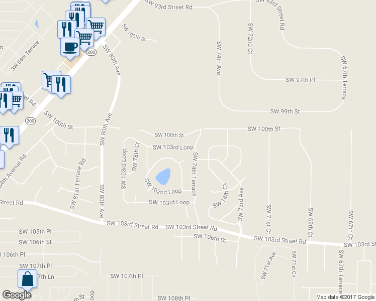 map of restaurants, bars, coffee shops, grocery stores, and more near 7957 Southwest 103rd Loop in Ocala