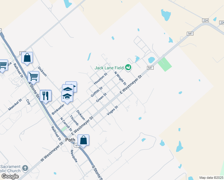 map of restaurants, bars, coffee shops, grocery stores, and more near 116 Matlock in Poth