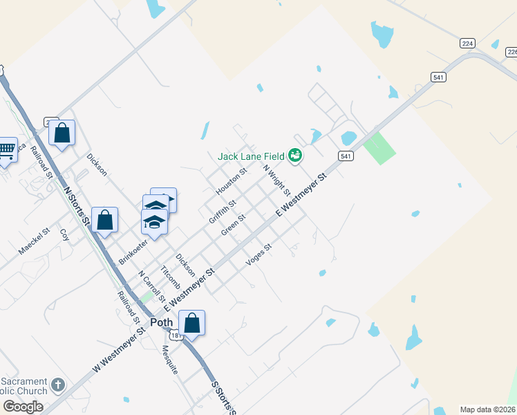 map of restaurants, bars, coffee shops, grocery stores, and more near 116 Matlock in Poth