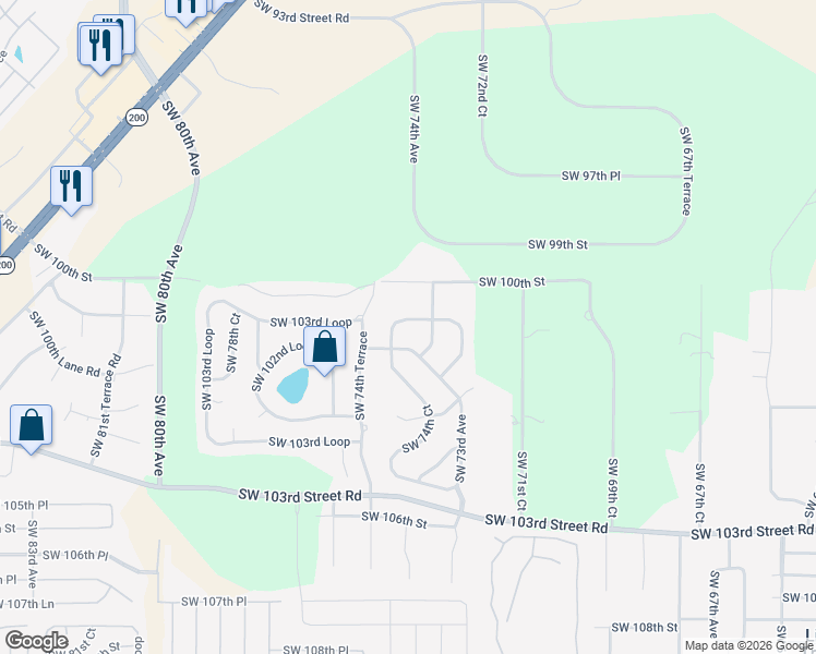 map of restaurants, bars, coffee shops, grocery stores, and more near 7420 Southwest 100th Place in Ocala