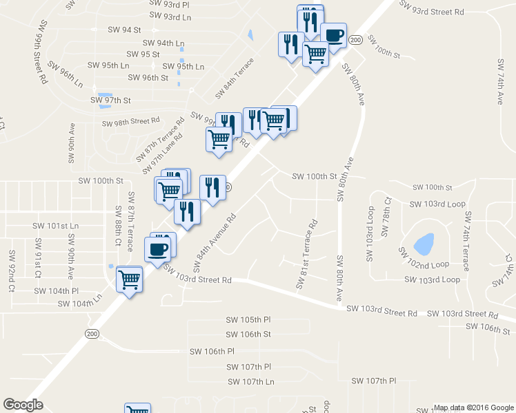 map of restaurants, bars, coffee shops, grocery stores, and more near 8288 Southwest 100th Lane Road in Ocala