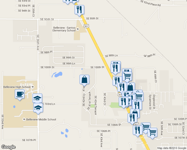 map of restaurants, bars, coffee shops, grocery stores, and more near 10060 Southeast 42nd Court in Belleview