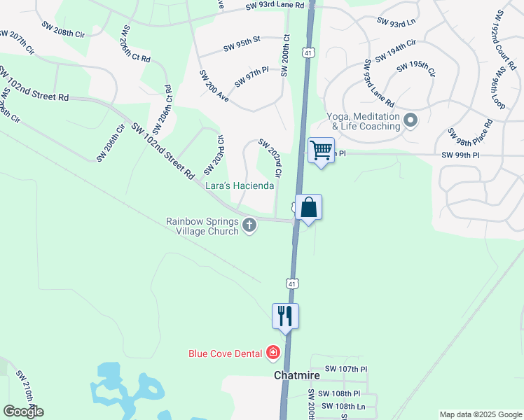 map of restaurants, bars, coffee shops, grocery stores, and more near 20185 Southwest 102nd Street Road in Dunnellon