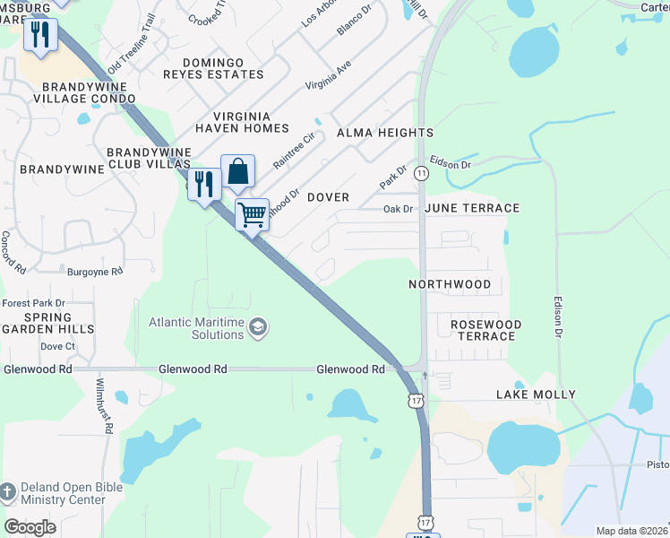 map of restaurants, bars, coffee shops, grocery stores, and more near 2395 North Woodland Boulevard in DeLand