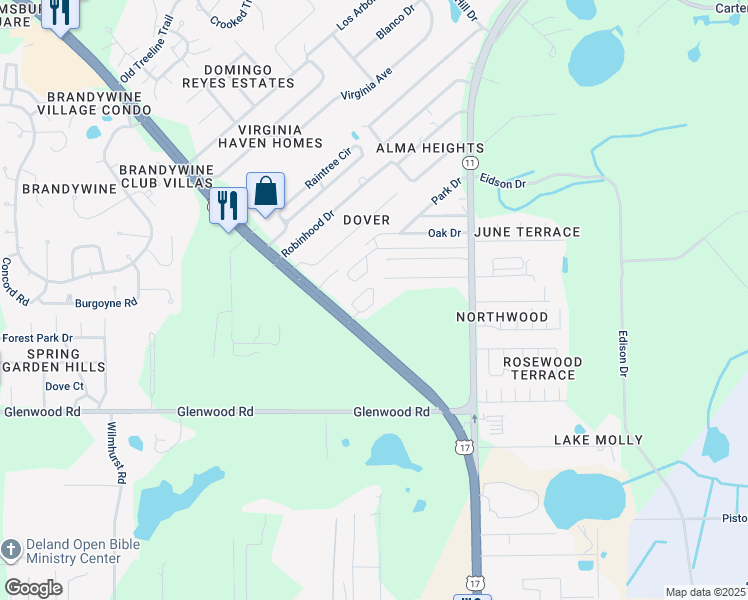 map of restaurants, bars, coffee shops, grocery stores, and more near 2395 North Woodland Boulevard in DeLand