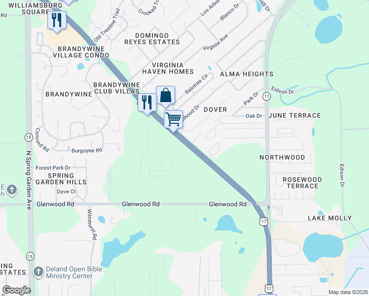 map of restaurants, bars, coffee shops, grocery stores, and more near 2480 North Woodland Boulevard in DeLand