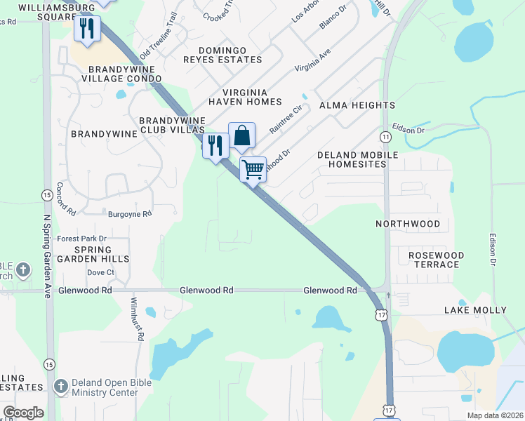 map of restaurants, bars, coffee shops, grocery stores, and more near 2480 North Woodland Boulevard in DeLand