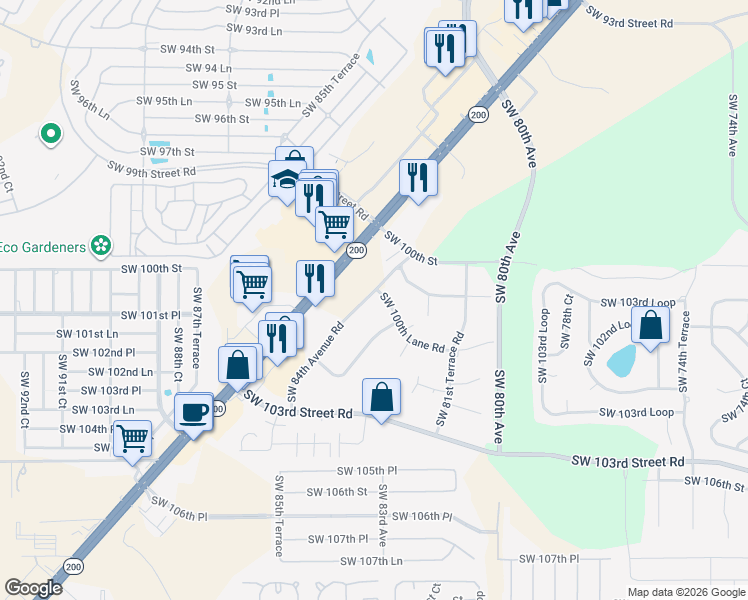 map of restaurants, bars, coffee shops, grocery stores, and more near 8288 Southwest 100th Lane Road in Ocala