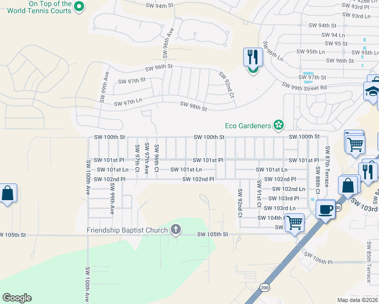 map of restaurants, bars, coffee shops, grocery stores, and more near 9461 Southwest 101st Place in Ocala