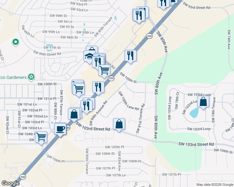 map of restaurants, bars, coffee shops, grocery stores, and more near 8288 Southwest 100th Lane Road in Ocala