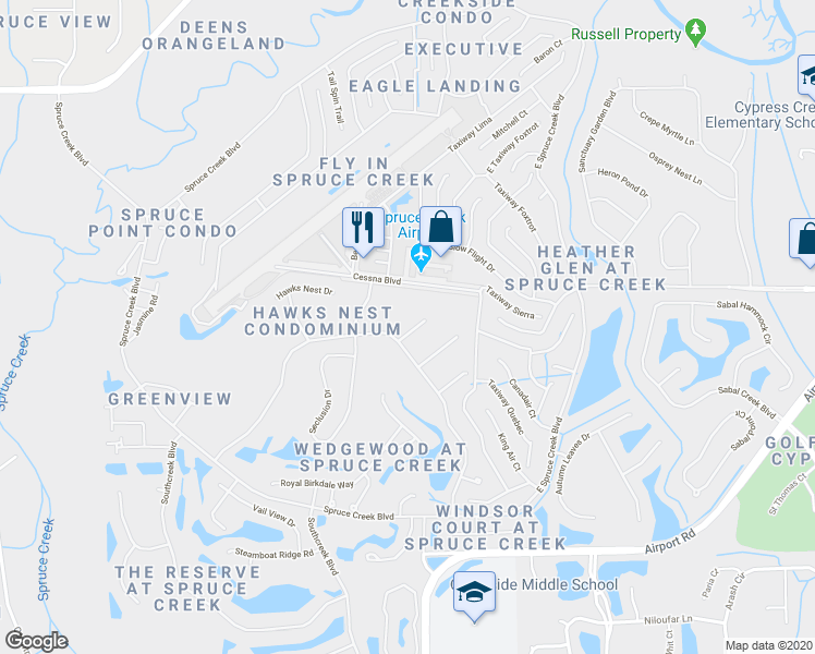 map of restaurants, bars, coffee shops, grocery stores, and more near 2895 Grumman Court in Port Orange